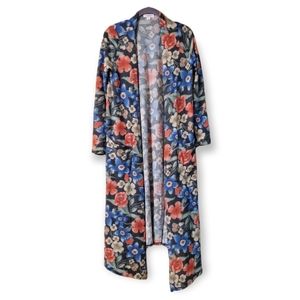 Lularoe Long Sarah Cardigan Duster Pockets Floral Flowers Charcoal S